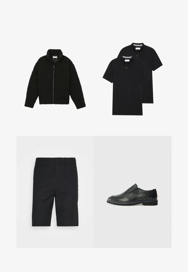 Juoda dirbtinė kailio striukė su aukštu apykakle, užtrauktuku, elastingomis rankovėmis ir siuvinėtu raštu. Su šoninėmis kišenėmis ir švelnia tekstūra.; Du žaidimų juodos polo marškiniai, trumpomis rankovėmis, pagaminti iš medvilnės, su klasikinėmis apykaklėmis, dviem mygtukais priekyje ir baltais dryžiais apykaklės viduje.; Juodos medvilnės šortai su tiesiu kirpimu, diržo kilpos ir tvarkinga apdaila. Turi paslėptus priekiniai kišenes ir lygų paviršių.; Juodai odiniai įtvirtinimo batai su lygiu paviršiumi, siuvinėjimo akcentais, apvalia nosimi ir žemu guminiu kulnu. Pado raštas minimalus.