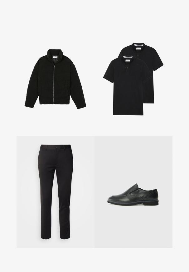 Črna jakna iz umetnega krzna z visokim ovratnikom, z zadrgo, elastičnimi manšetami in kviltanim dizajnom. Ima stranske žepke in mehak tekstur.; Dve črne polo majice, kratke rokave, iz bombažnega materiala, z klasik ovratnikom, dvobodno zaponko in belimi črtkami znotraj ovratnika.; Črne hlače iz gladkega blaga, s pravim krojem, sprednjim gumbom za zapiranje in zanko za pas, prikazane na beli podlagi.; Črne usnjene natikače z gladkim zgornjim delom, prišitimi detajli, zaobljenim nosom in nizkim gumijastim petkom. Podplat ima minimalen profil.