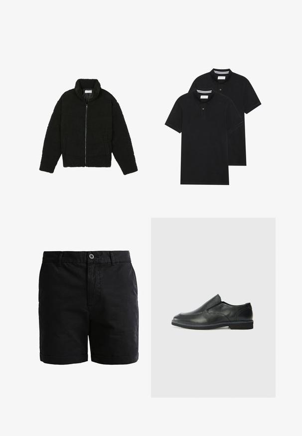 Schwarze Kunstpelzjacke mit hohem Kragen, Reißverschluss, elastischen Bündchen und gestepptem Design. Verfügt über seitliche Taschen und eine weiche Textur.; Zwei schwarze Polohemden, kurzärmlig, aus Baumwolle, mit einem klassischen Kragen, zwei Knöpfen und weißen Streifenakzenten im Inneren des Kragens.; Schwarze Baumwollshorts mit glatter Textur, Knopfverschluss und umgeschlagenen Säumen. Verfügt über Gürtelschlaufen und Vorderaschen für praktische Anwendungen.; Schwarze Leder-Slipper mit glattem Obermaterial, gesteppten Akzenten, runder Zehenpartie und niedrigem Gummiabsatz. Die Sohle hat ein minimales Profil.