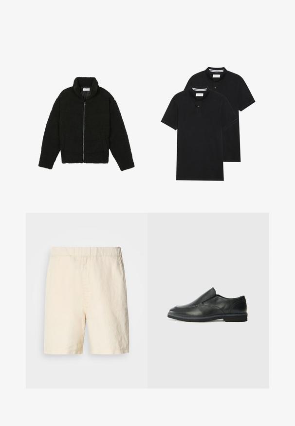 Črna jakna iz umetnega krzna z visokim ovratnikom, z zadrgo, elastičnimi manšetami in kviltanim dizajnom. Ima stranske žepke in mehak tekstur.; Dve črne polo majice, kratke rokave, iz bombažnega materiala, z klasik ovratnikom, dvobodno zaponko in belimi črtkami znotraj ovratnika.; Svetlo bež kratke hlače iz dihalnega materiala. Imajo elastičen pas in ohlapen kroj. Preprosta zasnova brez vzorcev ali okovja.; Črne usnjene natikače z gladkim zgornjim delom, prišitimi detajli, zaobljenim nosom in nizkim gumijastim petkom. Podplat ima minimalen profil.