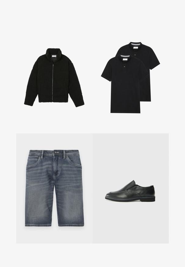 Casaco de pelo sintético preto com gola alta, fecho de zip, punhos elásticos e um design acolchoado. Apresenta bolsos laterais e uma textura suave.; Duas camisetas polo pretas, de manga curta, em material de algodão, com colarinho clássico, abertura com dois botões e detalhes em riscas brancas no interior do colarinho.; Calções de ganga numa tonalidade azul desbotada, com fecho por botão e fecho éclair, cinco bolsos e um detalhe de costura visível.; Sapato slip-on preto em pele com um upper liso, acabamentos cosidos, bico arredondado e um salto de borracha baixo. A sola apresenta um padrão de aderência mínimo.