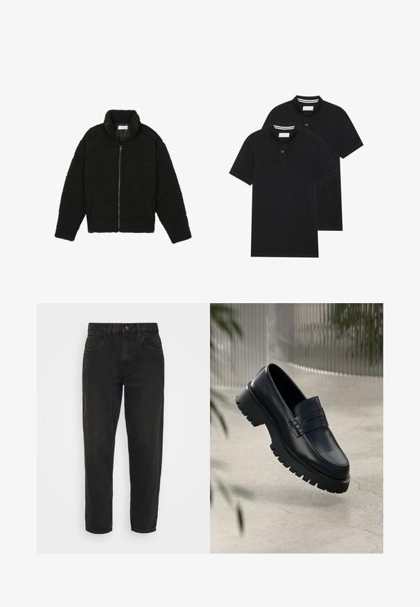 Crna jakna od umjetnog krzna s visokim ovratnikom, zatvaranjem na zip, elastičnim manžetama i kviltanim dizajnom. Sadrži bočne džepove i mekanu teksturu.; Dva crna polo majice, kratki rukavi, pamučni materijal, sa klasičnom ovratnikom, čepom sa dva gumba i bijelim prugastim detaljima unutar ovratnika.; Redefined Rebel KYOTO - Traperice opuštenog kroja - black stone; Crne kožne mokasine s debelim đonom, s dekorativnom trakom i detaljima šivanja. Glatka tekstura s sjajnim finišem.