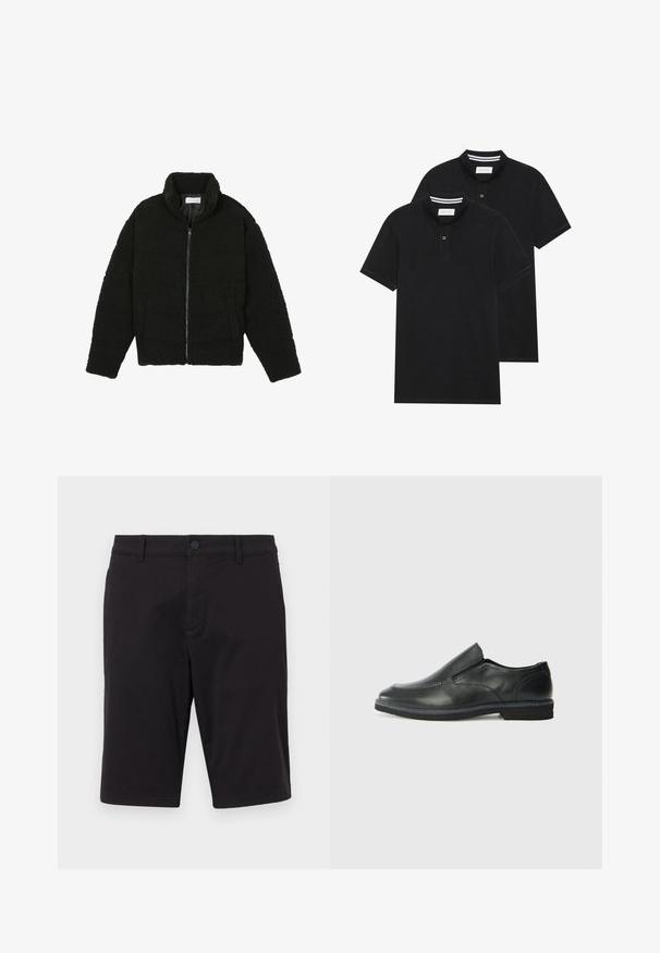 Czarna kurtka z faux futra z wysokim kołnierzem, zapięciem na zamek, elastycznymi mankietami i pikowanym wzorem. Posiada boczne kieszenie i miękką fakturę.; Dwie czarne koszulki polo z krótkim rękawem, wykonane z materiału bawełnianego, z klasycznym kołnierzykiem, z zapięciem na dwa guziki oraz białymi paskami wewnątrz kołnierza.; Czarne szorty wykonane z lekkiego materiału. Posiadają zapięcie na guzik, szlufki na pasek, dwie boczne kieszenie oraz prosty krój.; Czarne skórzane buty wsuwane z gładką cholewką, przeszyciami, okrągłym noskiem i niskim gumowym obcasem. Podeszwa ma minimalny bieżnik.