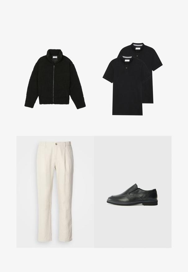 Črna jakna iz umetnega krzna z visokim ovratnikom, z zadrgo, elastičnimi manšetami in kviltanim dizajnom. Ima stranske žepke in mehak tekstur.; Dve črne polo majice, kratke rokave, iz bombažnega materiala, z klasik ovratnikom, dvobodno zaponko in belimi črtkami znotraj ovratnika.; Bež hlače ravnega kroja z gumbom, zankami za pas in sprednjimi pregibi.; Črne usnjene natikače z gladkim zgornjim delom, prišitimi detajli, zaobljenim nosom in nizkim gumijastim petkom. Podplat ima minimalen profil.