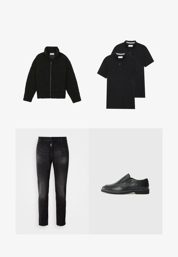 Must must karusnahast jakk kõrge kraega, lukuga sulgemine, elastsed varrukad ja tikandmuster. Omab küljetaskuid ja pehmet tekstuuri.; Kaks musta polo särki, lühikeste varrukatega, puuvillane materjal, klassikalise kraega, kahe nupuga kinnitusega, valgete triipudega krae sisepinnal.; Mustast denimist püksid sirge lõikega, mis sisaldavad nööpidega sulgemist, viit taskut ja kangas on õrnalt pleekinud.; Must musta laia suuga king, millel on sile ülemine osa, õmmeldud detailid, ümmargune nina ja madal kummist konts. Tallal on minimaalne mustr.