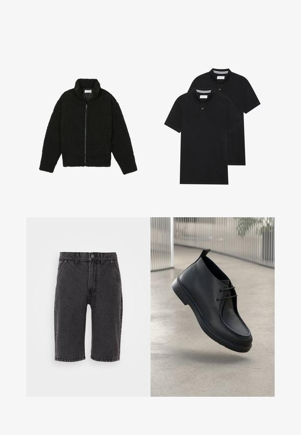 Jachetă din blană sintetică neagră, cu guler înalt, închidere cu fermoar, manșete elastice și un design matlasat. Dispune de buzunare laterale și o textură moale.; Două tricouri polo negre, cu mânecă scurtă, din material de bumbac, având un guler clasic, deschidere cu două butoane și accente albe cu dungi în interiorul gulerului.; Shorts din denim negru cu croială dreaptă, dotate cu închidere prin buton și fermoar, cinci buzunare și detalii subtile de cusătură.; Pantof cu piele neagră, cu o textură netedă, vârf rotunjit și sistem de șiret; prezintă o talpă de profil joasă și o bucată de prindere în spate.