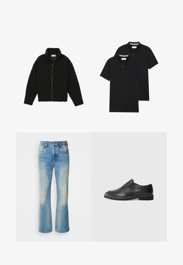 Must must karusnahast jakk kõrge kraega, lukuga sulgemine, elastsed varrukad ja tikandmuster. Omab küljetaskuid ja pehmet tekstuuri.; Kaks musta polo särki, lühikeste varrukatega, puuvillane materjal, klassikalise kraega, kahe nupuga kinnitusega, valgete triipudega krae sisepinnal.; Heledad sinise denim teksadega püksid, millel on laienev säärekujundus, tuhm värv, ees olevad taskud ja nööbiga vöö. Näha on tugevdusõmblusi.; Must musta laia suuga king, millel on sile ülemine osa, õmmeldud detailid, ümmargune nina ja madal kummist konts. Tallal on minimaalne mustr.