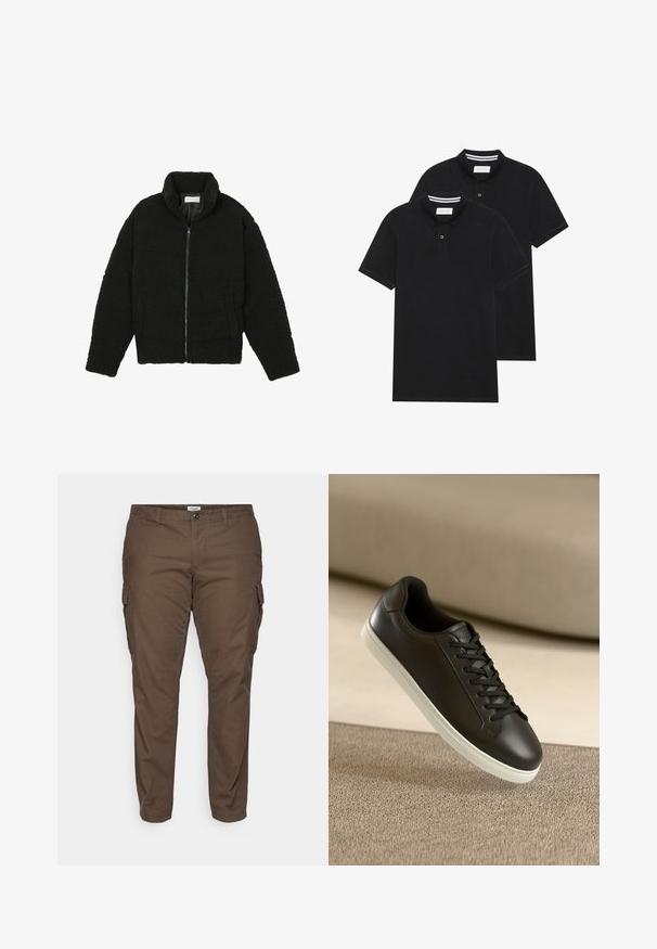 Czarna kurtka z faux futra z wysokim kołnierzem, zapięciem na zamek, elastycznymi mankietami i pikowanym wzorem. Posiada boczne kieszenie i miękką fakturę.; Dwie czarne koszulki polo z krótkim rękawem, wykonane z materiału bawełnianego, z klasycznym kołnierzykiem, z zapięciem na dwa guziki oraz białymi paskami wewnątrz kołnierza.; Brązowe spodnie cargo o prostym kroju, wykonane z lekkiej bawełny. Posiadają kieszenie boczne i szlufki na pasek. Gładka tekstura, bez wzorów.; Czarne skórzane sneakersy z białą gumową podeszwą i czarnymi sznurowadłami, umieszczone na beżowej tkaninie w tle.