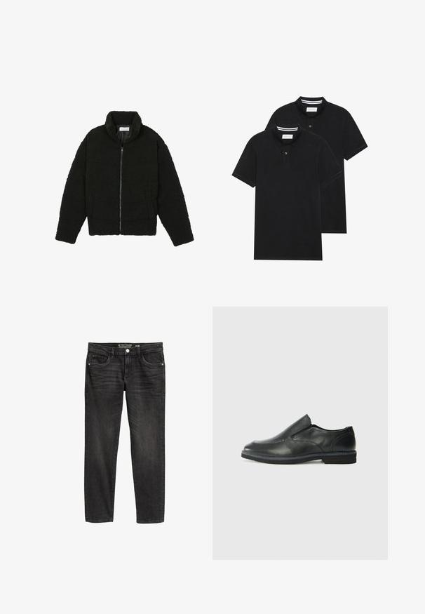 Must must karusnahast jakk kõrge kraega, lukuga sulgemine, elastsed varrukad ja tikandmuster. Omab küljetaskuid ja pehmet tekstuuri.; Kaks musta polo särki, lühikeste varrukatega, puuvillane materjal, klassikalise kraega, kahe nupuga kinnitusega, valgete triipudega krae sisepinnal.; Mustast denimist teksad sirge lõikega, viie tasku ja nupuga sulgemisega. Omab peent kulumist ja tikandiga detaile.; Must musta laia suuga king, millel on sile ülemine osa, õmmeldud detailid, ümmargune nina ja madal kummist konts. Tallal on minimaalne mustr.