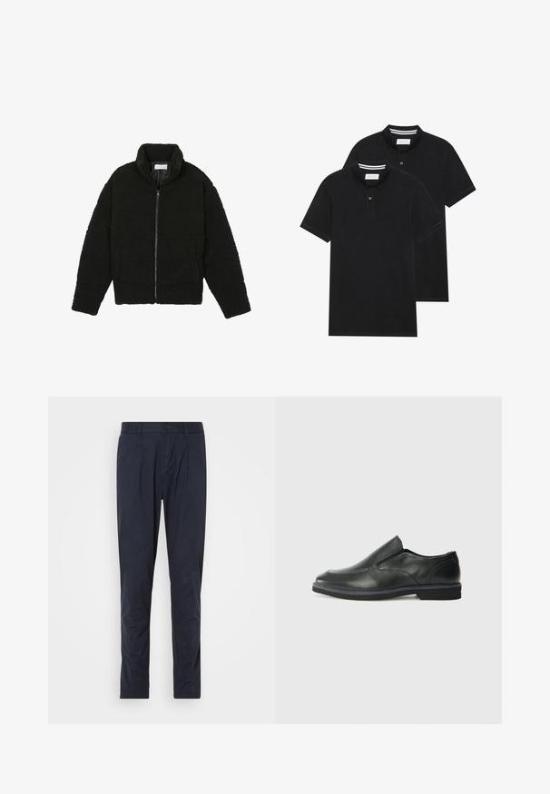 Fekete műszőrme dzseki magas gallérral, cipzáros záródással, rugalmas mandzsettákkal és steppelt mintázattal. Oldalsó zsebekkel rendelkezik, és puha tapintású.; Két fekete pólóing, rövid ujjú, pamut anyagból készült, klasszikus gallérral, két gombos gombolással, és fehér csíkos díszítéssel a gallér belső részén.; Tengerészkék nadrág, sima textúrával, pliszírozott elülső dizájnnal és gombos záródással. Rugalmas derékpánt a kényelmes viselet és a jó illeszkedés érdekében.; Fekete bőr, slip-on cipő sima felsőrésszel, varrott díszítéssel, lekerekített orral és alacsony gumitalppal. A talpa minimális bordázattal rendelkezik.