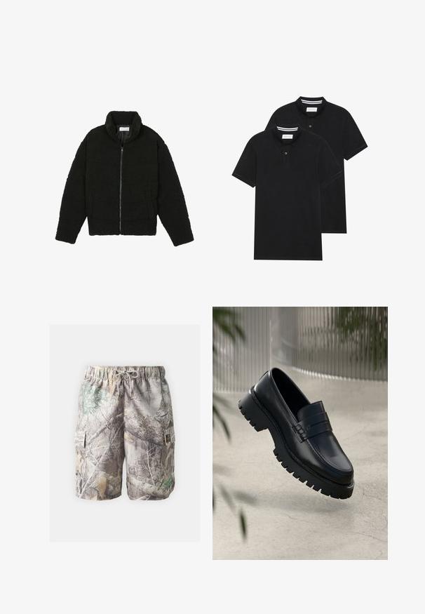 Chaqueta de pelaje sintético negro con cuello alto, cierre de cremallera, puños elásticos y un diseño acolchado. Cuenta con bolsillos laterales y una textura suave.; Dos camisetas polo negras, de manga corta, de material de algodón, que presentan un cuello clásico, una tapeta de dos botones y acentos de rayas blancas en el interior del cuello.; Pantalones cortos de cargo de camuflaje con un material ligero, cintura con cordón ajustable, bolsillos laterales y una mezcla de tonos y patrones terrosos.; Mocasines de cuero negro con suela gruesa, que presentan una correa decorativa y detalles de costura. Textura suave con un acabado pulido.