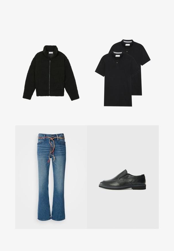 Black faux fur jacket with a high collar, zip closure, elastic cuffs, and a quilted design. Features side pockets and a soft texture.; Two black polo shirts, short-sleeved, cotton material, featuring a classic collar, two-button placket, and white striped accents inside the collar.; Blue denim flared jeans with a high waist, featuring a removable beige drawstring and subtle fading on the thighs. Clean hem finish.; Black leather slip-on shoe with a smooth upper, stitched accents, rounded toe, and a low rubber heel. Sole features minimal tread.