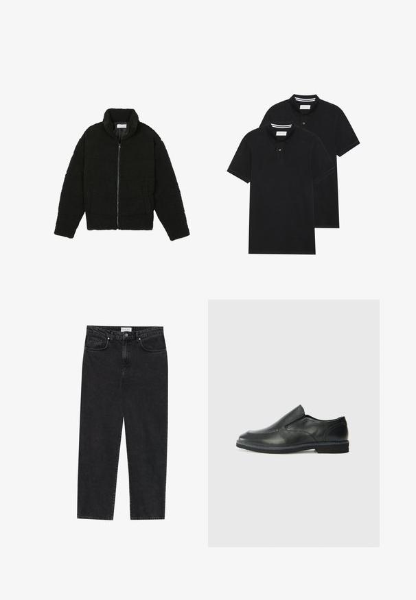 Black faux fur jacket with a high collar, zip closure, elastic cuffs, and a quilted design. Features side pockets and a soft texture.; Two black polo shirts, short-sleeved, cotton material, featuring a classic collar, two-button placket, and white striped accents inside the collar.; Black denim jeans with a straight-leg design, five pockets, a button closure, and subtle fading texture. Features stitching accents at seams.; Black leather slip-on shoe with a smooth upper, stitched accents, rounded toe, and a low rubber heel. Sole features minimal tread.