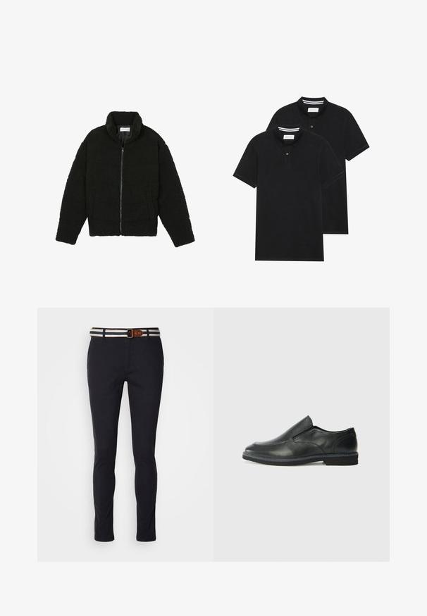 Zwarte faux fur jas met een hoge kraag, ritssluiting, elastische manchetten en een doorgestikt ontwerp. Beschikt over zijzakken en een zachte textuur.; Twee zwarte polo shirts, met korte mouwen, van katoen, met een klassieke kraag, een knoopsluiting met twee knopen en witte gestreepte accenten aan de binnenkant van de kraag.; Marineblauwe katoenen broek met een slim fit, voorzien van een gestreepte geweven riem met een bruin leren accent en een klassieke ritssluiting.; Zwarte leren instapper met een soepele bovenkant, gestikte accenten, ronde neus en een lage rubberen hak. De zool heeft minimale profiel.