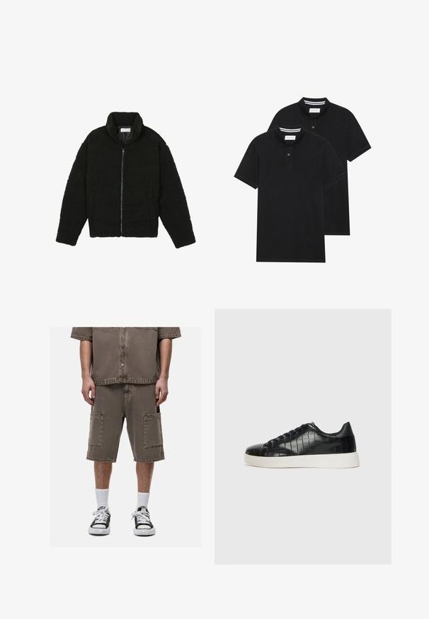 Czarna kurtka z faux futra z wysokim kołnierzem, zapięciem na zamek, elastycznymi mankietami i pikowanym wzorem. Posiada boczne kieszenie i miękką fakturę.; Dwie czarne koszulki polo z krótkim rękawem, wykonane z materiału bawełnianego, z klasycznym kołnierzykiem, z zapięciem na dwa guziki oraz białymi paskami wewnątrz kołnierza.; Brązowa denimowa koszula z krótkim rękawem z guzikami, zestawiona z pasującymi szortami cargo z dwoma dużymi przednimi kieszeniami, noszona z białymi skarpetami teksturowanymi i czarnymi tenisówkami.; Czarne sneakersy z teksturowaną cholewką ze skóry z tłoczeniem w kształcie krokodyla, okrągłym noskiem oraz kontrastującą białą gumową podeszwą o gładkim wykończeniu.