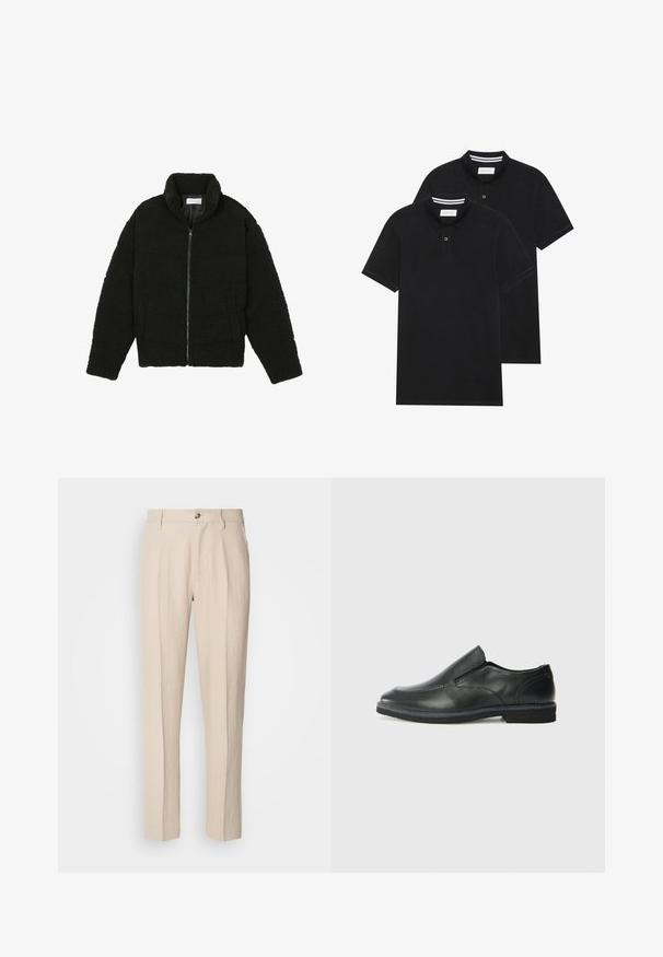 Čierna umelá kožušinová bunda s vysokým golierom, zipsom, elastickými manžetami a prešívaným dizajnom. Má bočné vrecká a jemnú textúru.; Dvé čierne polo tričká, krátke rukávy, vyrobené z bavlny, s klasickým golierom, dvojitým gombíkom a bielymi pruhmi vo vnútri goliera.; Bežové, upravené nohavice vyrobené z ľahkej tkaniny, s rovnými strihom, dvoma prednými vreckami a jedným zapínaním na gombík.; Čierny kožený nazúvací topánka s hladkým zvrškom, prešitými akcentmi, zaoblenou špičkou a nízkym gumovým podpätkom. Podošva má minimálny dezén.