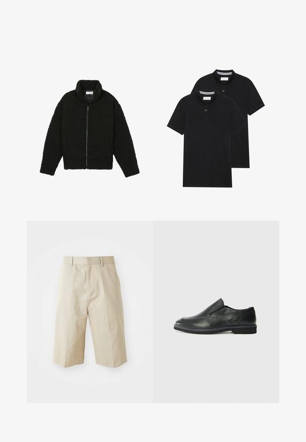 Čierna umelá kožušinová bunda s vysokým golierom, zipsom, elastickými manžetami a prešívaným dizajnom. Má bočné vrecká a jemnú textúru.; Dvé čierne polo tričká, krátke rukávy, vyrobené z bavlny, s klasickým golierom, dvojitým gombíkom a bielymi pruhmi vo vnútri goliera.; Bežové šité šortky so rovnými nohavicami, s pútkami na opasok, skladaným predným dielom a hladkou bavlnenou textúrou. Bez vreciek a ďalších detailov.; Čierny kožený nazúvací topánka s hladkým zvrškom, prešitými akcentmi, zaoblenou špičkou a nízkym gumovým podpätkom. Podošva má minimálny dezén.