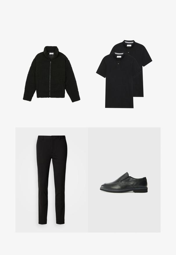 Zwarte faux fur jas met een hoge kraag, ritssluiting, elastische manchetten en een doorgestikt ontwerp. Beschikt over zijzakken en een zachte textuur.; Twee zwarte polo shirts, met korte mouwen, van katoen, met een klassieke kraag, een knoopsluiting met twee knopen en witte gestreepte accenten aan de binnenkant van de kraag.; Zwarte broeken met een slim fit, voorzien van een knoopsluiting en riemlussen. Gemaakt van gladde stof met een lichte glans, zonder zichtbare patronen.; Zwarte leren instapper met een soepele bovenkant, gestikte accenten, ronde neus en een lage rubberen hak. De zool heeft minimale profiel.