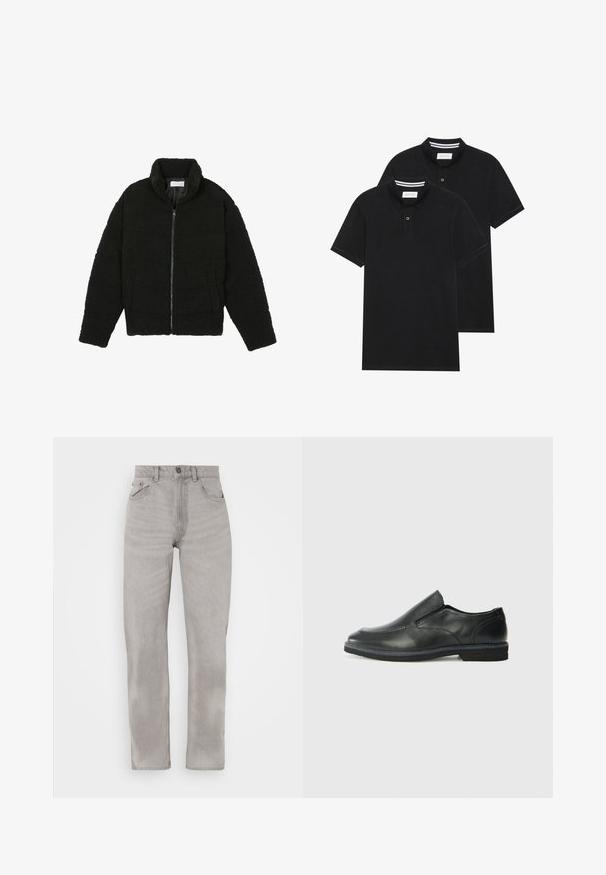 Giacca in pelliccia sintetica nera con colletto alto, chiusura con zip, polsini elasticizzati e design trapuntato. Presenta tasche laterali e una consistenza morbida.; Due magliette polo nere, con maniche corte, in cotone, con colletto classico, pattina a due bottoni e dettagli a righe bianche all'interno del colletto.; Jeans in denim grigio con un design a gamba dritta, caratterizzati da cinque tasche, chiusura con bottone e zip, e dettagli di scolorimento delicati su tutta la superficie.; Scarpa nera in pelle con inserto scivolare, superiore liscio, dettagli cuciti, punta arrotondata e tacco in gomma basso. La suola presenta un battistrada minimale.