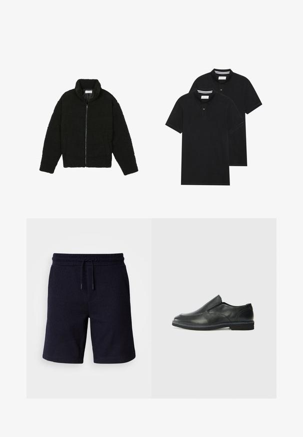 Svart faux fur-jacka med hög krage, dragkedjestängning, elastiska manschetter och ett kviltat mönster. Har sidofickor och en mjuk textur.; Två svarta polo t-shirts, kortärmade, i bomullsmaterial, med en klassisk krage, tvåknappsslutning och vita randiga accenter inuti kragen.; Marinblå shorts med elastisk midja och snörning. Texturerad tyg med en slät yta, med sid sömmar.; Svart lädersko i slip-on-modell med en slät ovandel, sömnadsdetaljer, rund tå och låg gummihäl. Sulan har minimal mönstring.