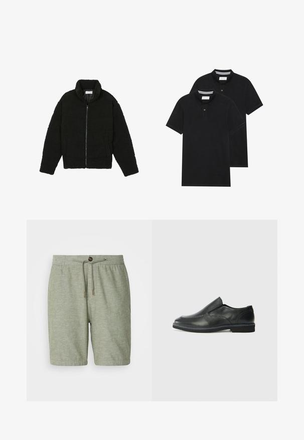 Fekete műszőrme dzseki magas gallérral, cipzáros záródással, rugalmas mandzsettákkal és steppelt mintázattal. Oldalsó zsebekkel rendelkezik, és puha tapintású.; Két fekete pólóing, rövid ujjú, pamut anyagból készült, klasszikus gallérral, két gombos gombolással, és fehér csíkos díszítéssel a gallér belső részén.; Világoszöld, texturált anyagból készült rövidnadrág, rugalmas derékkal, zsinórral és egy gombos záródással.; Fekete bőr, slip-on cipő sima felsőrésszel, varrott díszítéssel, lekerekített orral és alacsony gumitalppal. A talpa minimális bordázattal rendelkezik.