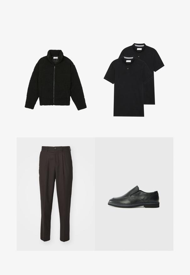 Black faux fur jacket with a high collar, zip closure, elastic cuffs, and a quilted design. Features side pockets and a soft texture.; Two black polo shirts, short-sleeved, cotton material, featuring a classic collar, two-button placket, and white striped accents inside the collar.; Brown, tailored trousers with a flat front, pleats, and a button closure. Made of smooth fabric, with a straight leg design and no visible patterns.; Black leather slip-on shoe with a smooth upper, stitched accents, rounded toe, and a low rubber heel. Sole features minimal tread.