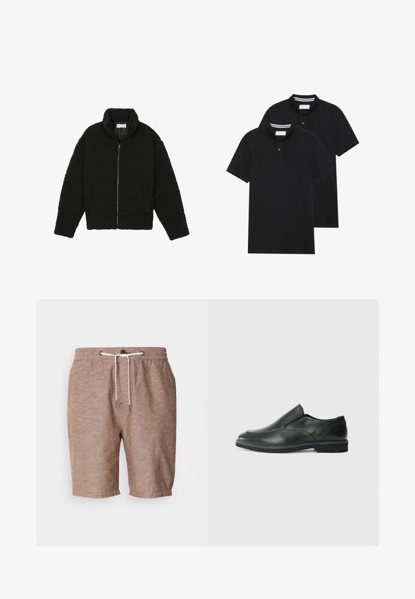 Fekete műszőrme dzseki magas gallérral, cipzáros záródással, rugalmas mandzsettákkal és steppelt mintázattal. Oldalsó zsebekkel rendelkezik, és puha tapintású.; Két fekete pólóing, rövid ujjú, pamut anyagból készült, klasszikus gallérral, két gombos gombolással, és fehér csíkos díszítéssel a gallér belső részén.; Barna len rövidnadrág, rugalmas derékkal, húzózsinórral és felgombolt szegéllyel. Finom textúrával és minimális dizájnelemekkel rendelkezik.; Fekete bőr, slip-on cipő sima felsőrésszel, varrott díszítéssel, lekerekített orral és alacsony gumitalppal. A talpa minimális bordázattal rendelkezik.