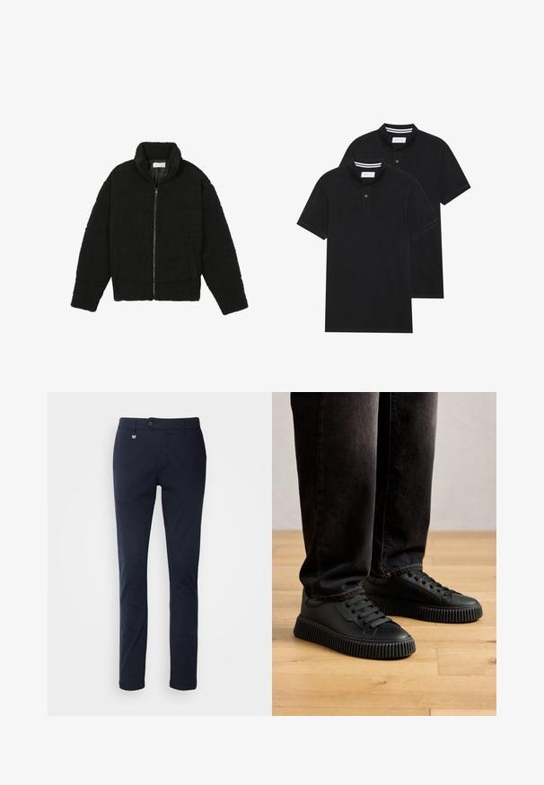 Μαύρη ψεύτικη γούνα τζάκετ με ψηλό γιακά, φερμουάρ, ελαστικούς καρπούς και σχεδίαση με κουβέρτα. Περιλαμβάνει πλαϊνές τσέπες και μαλακή υφή.; Δύο μαύρα πόλο πουκάμισα, κοντομάνικα, από βαμβακερό υλικό, με κλασικό γιακά, πατιλέτα με δύο κουμπιά και λευκές ριγέ λεπτομέρειες μέσα στον γιακά.; Ναυτικό μπλε, στενές παντελόνες από βαμβάκι. Διαθέτει μπροστινό κουμπί και φερμουάρ κλεισίματος, με δύο πλάγιες τσέπες και καθαρή φινέτσα.; Άτομο με μαύρα παπούτσια με ριγωτή σόλα και μαύρα τζιν στέκεται σε ανοιχτό ξύλινο δάπεδο.