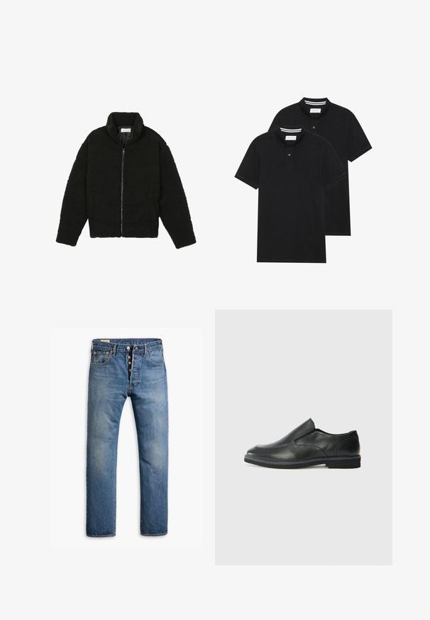 Crna jakna od umjetnog krzna s visokim ovratnikom, zatvaranjem na zip, elastičnim manžetama i kviltanim dizajnom. Sadrži bočne džepove i mekanu teksturu.; Dva crna polo majice, kratki rukavi, pamučni materijal, sa klasičnom ovratnikom, čepom sa dva gumba i bijelim prugastim detaljima unutar ovratnika.; Svijetloplave traperice ravnog kroja, s pet džepova i zatvaranjem na gumbe. Ispucana tekstura s izblijedjelim područjima.; Crne kožne cipele na sklapanje s glatkom gornjom površinom, prošivenim detaljima, zaobljenim vrhom i niskim gumene potplate. Potplat ima minimalne uzorke.