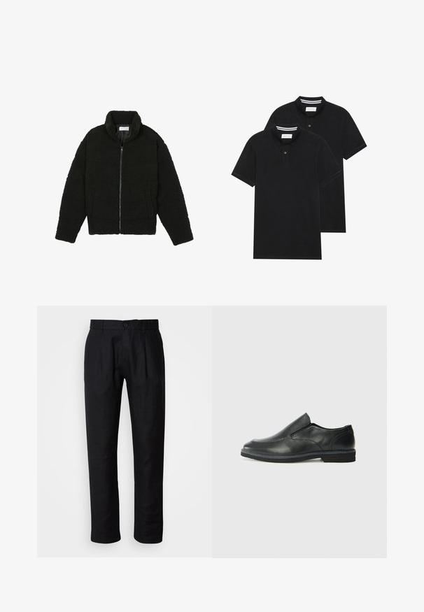 Juoda dirbtinė kailio striukė su aukštu apykakle, užtrauktuku, elastingomis rankovėmis ir siuvinėtu raštu. Su šoninėmis kišenėmis ir švelnia tekstūra.; Du žaidimų juodos polo marškiniai, trumpomis rankovėmis, pagaminti iš medvilnės, su klasikinėmis apykaklėmis, dviem mygtukais priekyje ir baltais dryžiais apykaklės viduje.; Juoda tiesi kelių kelnės su diržo kilpomis, priekinio mygtuko uždarymu ir šoninėmis kišenėmis, pateiktos šviesiame fone.; Juodai odiniai įtvirtinimo batai su lygiu paviršiumi, siuvinėjimo akcentais, apvalia nosimi ir žemu guminiu kulnu. Pado raštas minimalus.