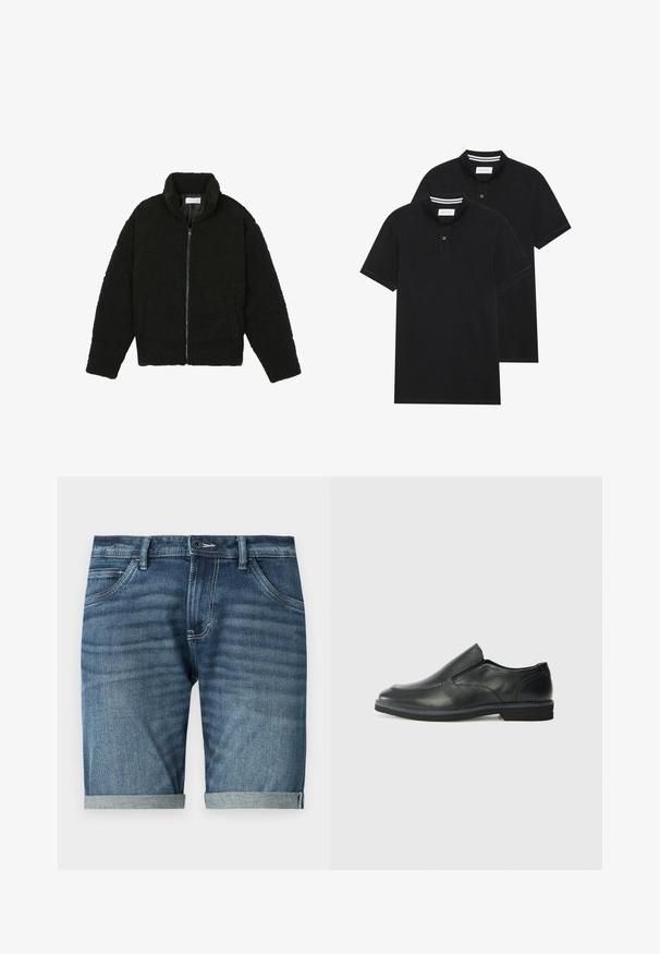 Zwarte faux fur jas met een hoge kraag, ritssluiting, elastische manchetten en een doorgestikt ontwerp. Beschikt over zijzakken en een zachte textuur.; Twee zwarte polo shirts, met korte mouwen, van katoen, met een klassieke kraag, een knoopsluiting met twee knopen en witte gestreepte accenten aan de binnenkant van de kraag.; Denim shorts in donkerblauw met een subtiele vervaagde was. Kenmerkt zich door omgeslagen zoom, vijf zakken en een knoopsluiting aan de voorkant.; Zwarte leren instapper met een soepele bovenkant, gestikte accenten, ronde neus en een lage rubberen hak. De zool heeft minimale profiel.