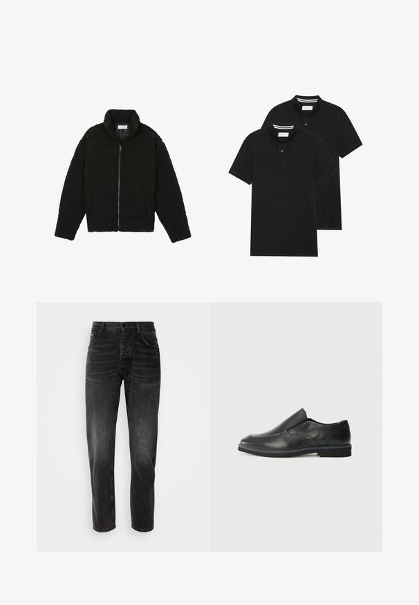 Giacca in pelliccia sintetica nera con colletto alto, chiusura con zip, polsini elasticizzati e design trapuntato. Presenta tasche laterali e una consistenza morbida.; Due magliette polo nere, con maniche corte, in cotone, con colletto classico, pattina a due bottoni e dettagli a righe bianche all'interno del colletto.; Antony Morato JOE REGULAR - Jeans a sigaretta - nero; Scarpa nera in pelle con inserto scivolare, superiore liscio, dettagli cuciti, punta arrotondata e tacco in gomma basso. La suola presenta un battistrada minimale.