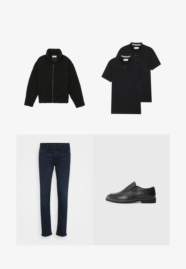 Chaqueta de pelaje sintético negro con cuello alto, cierre de cremallera, puños elásticos y un diseño acolchado. Cuenta con bolsillos laterales y una textura suave.; Dos camisetas polo negras, de manga corta, de material de algodón, que presentan un cuello clásico, una tapeta de dos botones y acentos de rayas blancas en el interior del cuello.; Jeans de un azul oscuro con corte recto, que presentan un diseño clásico de cinco bolsillos, botón de metal y lazos para cinturón en la cintura.; Zapato negro de cuero sin cordones con un upper suave, detalles de costura, punta redonda y un bajo tacón de goma. La suela presenta una tracción mínima.
