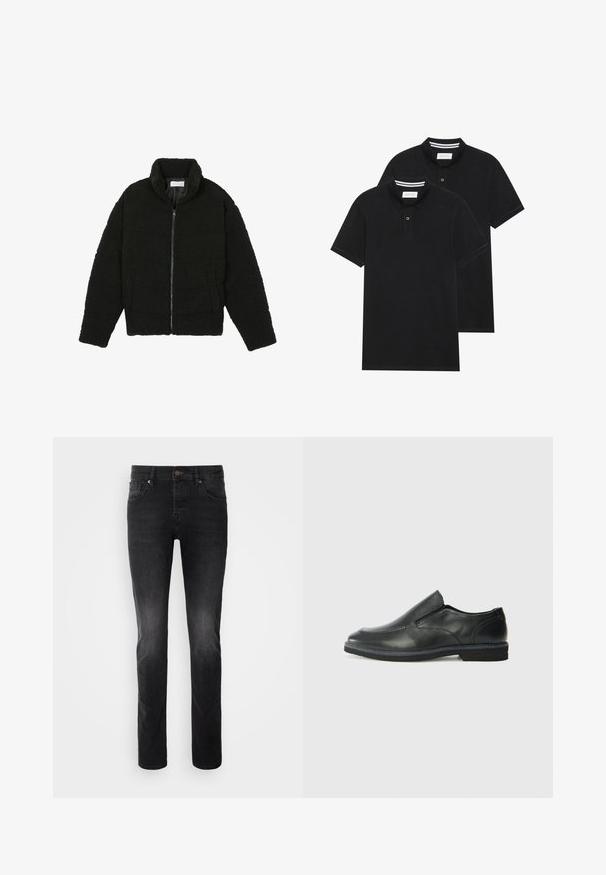 Čierna umelá kožušinová bunda s vysokým golierom, zipsom, elastickými manžetami a prešívaným dizajnom. Má bočné vrecká a jemnú textúru.; Dvé čierne polo tričká, krátke rukávy, vyrobené z bavlny, s klasickým golierom, dvojitým gombíkom a bielymi pruhmi vo vnútri goliera.; Čierne džínsy z denimu s rovný strihom, so zapínaním na gombík, piatimi vreckami a miernym efektom vyblednutia na látke.; Čierny kožený nazúvací topánka s hladkým zvrškom, prešitými akcentmi, zaoblenou špičkou a nízkym gumovým podpätkom. Podošva má minimálny dezén.