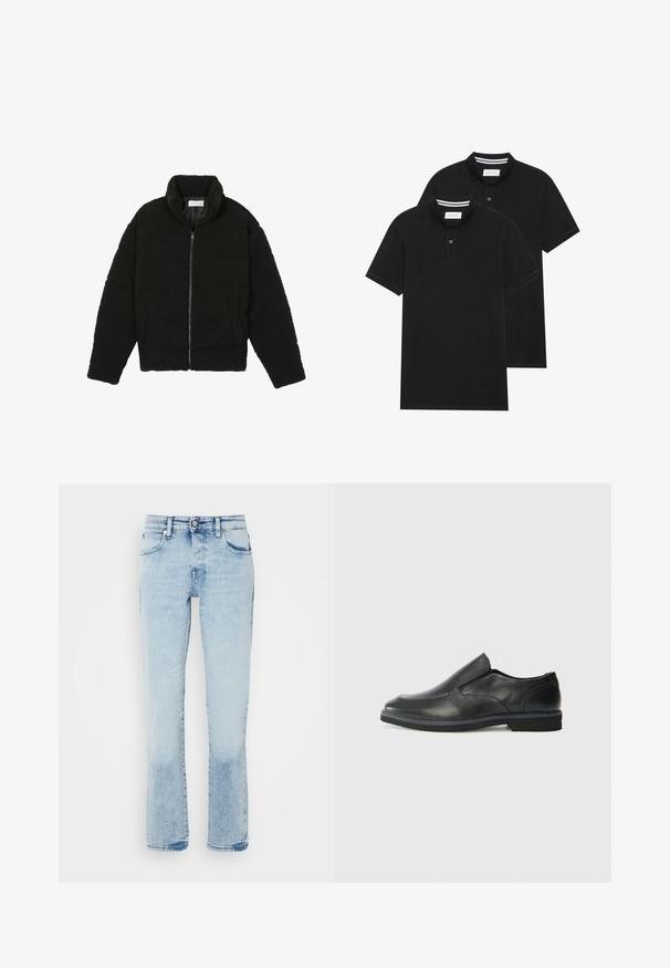 Juoda dirbtinė kailio striukė su aukštu apykakle, užtrauktuku, elastingomis rankovėmis ir siuvinėtu raštu. Su šoninėmis kišenėmis ir švelnia tekstūra.; Du žaidimų juodos polo marškiniai, trumpomis rankovėmis, pagaminti iš medvilnės, su klasikinėmis apykaklėmis, dviem mygtukais priekyje ir baltais dryžiais apykaklės viduje.; Šviesiai mėlynos denim kelnes su tiesiomis kojomis, penkiais kišenėmis, subtiliais šviesinimo efektais ir šiek tiek išblukusia tekstūra ant apačios.; Juodai odiniai įtvirtinimo batai su lygiu paviršiumi, siuvinėjimo akcentais, apvalia nosimi ir žemu guminiu kulnu. Pado raštas minimalus.