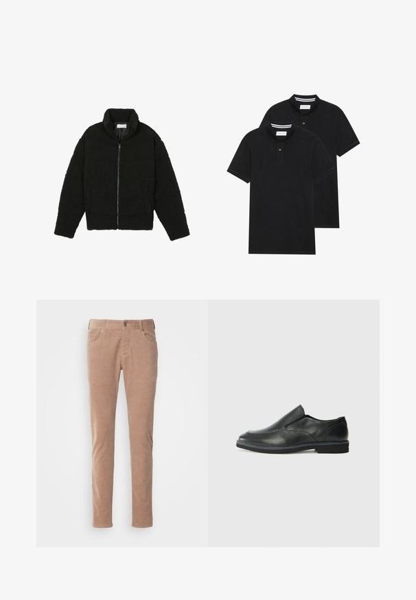 Jachetă din blană sintetică neagră, cu guler înalt, închidere cu fermoar, manșete elastice și un design matlasat. Dispune de buzunare laterale și o textură moale.; Două tricouri polo negre, cu mânecă scurtă, din material de bumbac, având un guler clasic, deschidere cu două butoane și accente albe cu dungi în interiorul gulerului.; Pantaloni din catifea ușor maro, cu un design drept, având două buzunare frontale, închidere cu nasture și o textură moale cu dungi.; Pantof de piele neagră, tip slip-on, cu un superior neted, accente cusute, vârf rotunjit și un toc jos din cauciuc. Talpa are un profil minim de aderență.