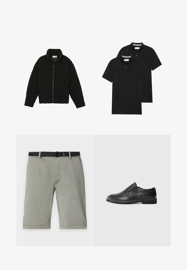 Veste en fausse fourrure noire avec un col haut, fermeture éclair, poignets élastiques et un design matelassé. Elle possède des poches latérales et une texture douce.; Deux polos noirs, à manches courtes, en coton, avec un col classique, une patte de boutonnage à deux boutons, et des accents rayés blancs à l'intérieur du col.; Un short gris en tissu texturé, doté d'une ceinture noire, de poches classiques et d'un ourlet se terminant juste au-dessus du genou.; Chaussure slip-on en cuir noir avec une tige lisse, des accents cousus, un bout arrondi et un petit talon en caoutchouc. La semelle présente un profil de traction minimal.