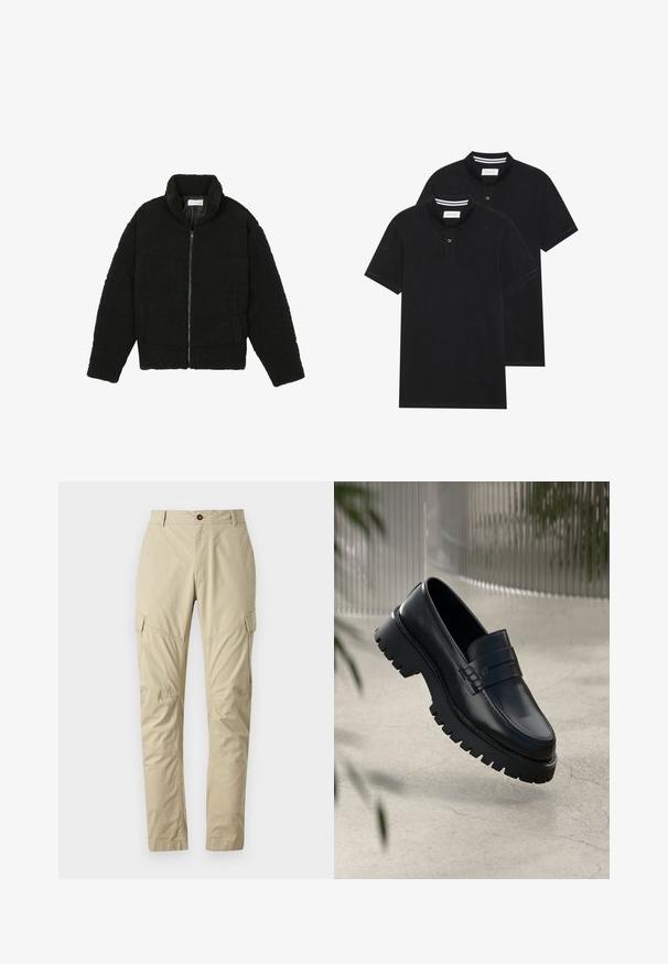 Čierna umelá kožušinová bunda s vysokým golierom, zipsom, elastickými manžetami a prešívaným dizajnom. Má bočné vrecká a jemnú textúru.; Dvé čierne polo tričká, krátke rukávy, vyrobené z bavlny, s klasickým golierom, dvojitým gombíkom a bielymi pruhmi vo vnútri goliera.; Béžové cargo nohavice vyrobené z ľahkého materiálu, s viacerými vreckami, zapínaním na gombík a zúženým strihom nohavíc. Hladká štruktúra.; Čierne kožené loafery s robustnou podrážkou, s dekoratívnym pásikom a prešívaním. Hladký povrch s lesklým finišom.