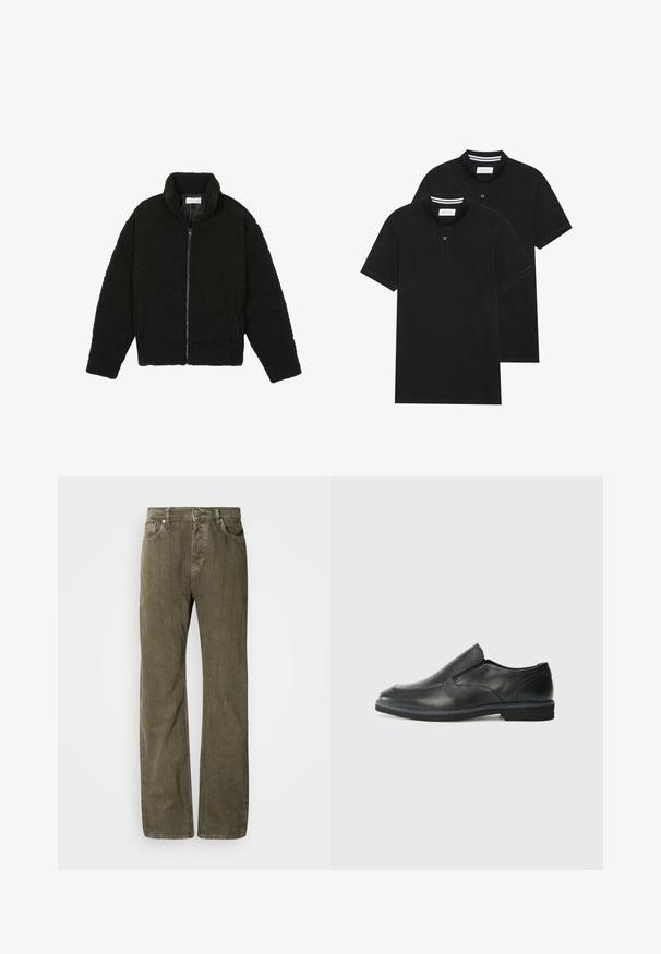 Fekete műszőrme dzseki magas gallérral, cipzáros záródással, rugalmas mandzsettákkal és steppelt mintázattal. Oldalsó zsebekkel rendelkezik, és puha tapintású.; Két fekete pólóing, rövid ujjú, pamut anyagból készült, klasszikus gallérral, két gombos gombolással, és fehér csíkos díszítéssel a gallér belső részén.; Olívazöld egyenes szabású farmernadrág, texturált pamutszövetből készült. Öt zseb, fémből készült gombos zárás és finom függőleges varrások jellemzik.; Fekete bőr, slip-on cipő sima felsőrésszel, varrott díszítéssel, lekerekített orral és alacsony gumitalppal. A talpa minimális bordázattal rendelkezik.