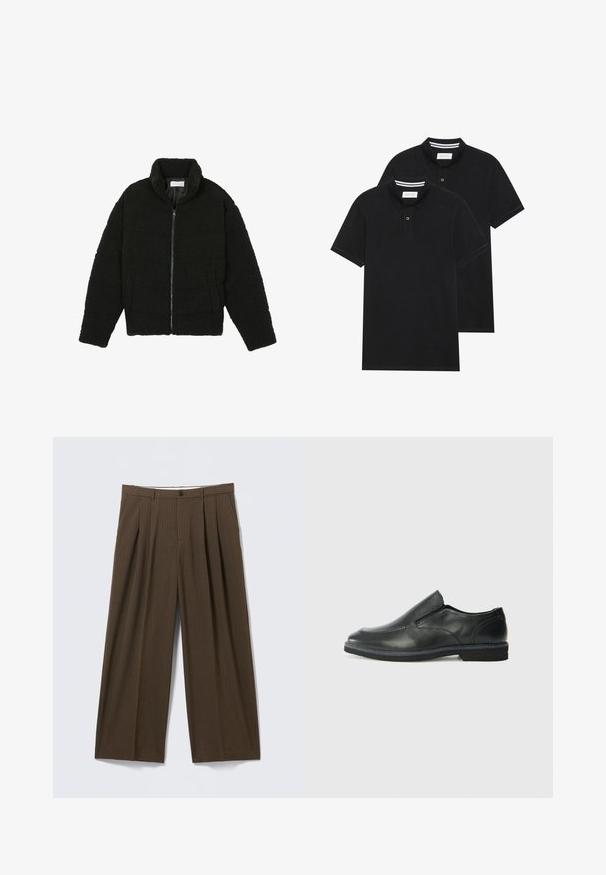 Black faux fur jacket with a high collar, zip closure, elastic cuffs, and a quilted design. Features side pockets and a soft texture.; Two black polo shirts, short-sleeved, cotton material, featuring a classic collar, two-button placket, and white striped accents inside the collar.; Brown pinstriped trousers with a wide-leg design, featuring front pleats, a button closure, and a smooth texture.; Black leather slip-on shoe with a smooth upper, stitched accents, rounded toe, and a low rubber heel. Sole features minimal tread.