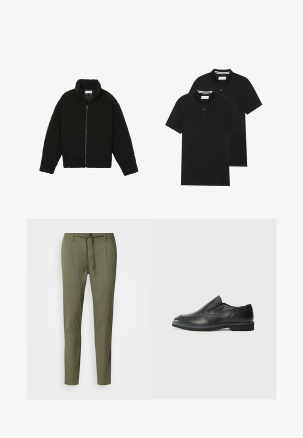 Casaco de pelo sintético preto com gola alta, fecho de zip, punhos elásticos e um design acolchoado. Apresenta bolsos laterais e uma textura suave.; Duas camisetas polo pretas, de manga curta, em material de algodão, com colarinho clássico, abertura com dois botões e detalhes em riscas brancas no interior do colarinho.; Calças verde-oliva feitas de tecido leve, com cintura elástica, dois pregueados frontais e um corte afunilado. Textura suave.; Sapato slip-on preto em pele com um upper liso, acabamentos cosidos, bico arredondado e um salto de borracha baixo. A sola apresenta um padrão de aderência mínimo.