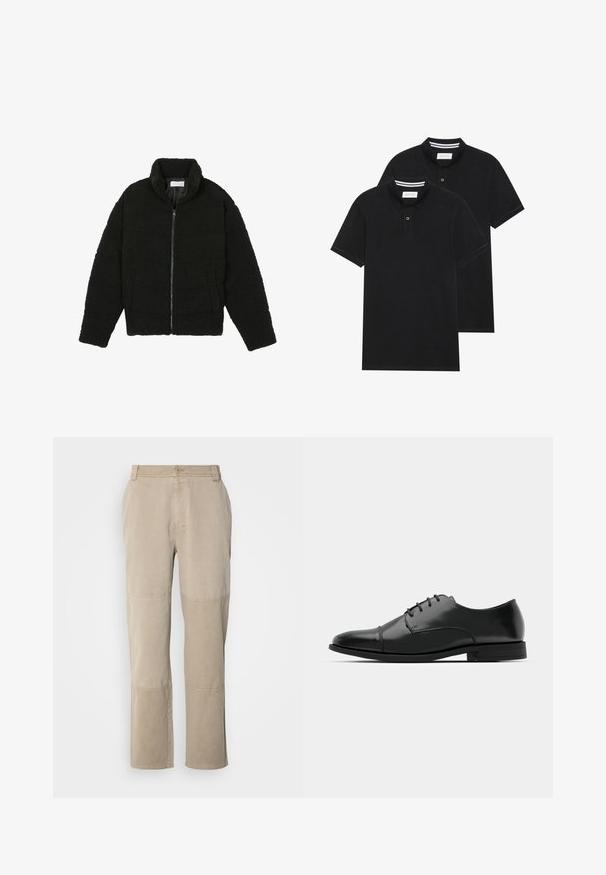 Fekete műszőrme dzseki magas gallérral, cipzáros záródással, rugalmas mandzsettákkal és steppelt mintázattal. Oldalsó zsebekkel rendelkezik, és puha tapintású.; Két fekete pólóing, rövid ujjú, pamut anyagból készült, klasszikus gallérral, két gombos gombolással, és fehér csíkos díszítéssel a gallér belső részén.; Beige színű pamut twill nadrág egyenes szárú fazonnal, varrással ellátott térdkiemelésekkel és gombos derékkal.; Fekete bőr férfi dresszcipő, lekerekített orral, fűzős kialakítással, diszkrét varrási részletekkel és alacsony sarokkal. Simább felület, fényes kivitel.