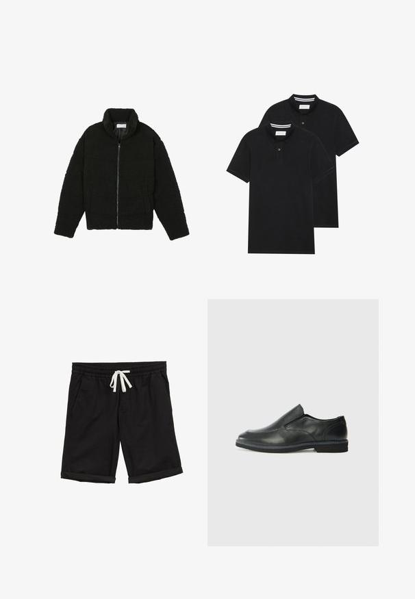 Fekete műszőrme dzseki magas gallérral, cipzáros záródással, rugalmas mandzsettákkal és steppelt mintázattal. Oldalsó zsebekkel rendelkezik, és puha tapintású.; Két fekete pólóing, rövid ujjú, pamut anyagból készült, klasszikus gallérral, két gombos gombolással, és fehér csíkos díszítéssel a gallér belső részén.; Fekete rövidnadrág rugalmas derékkal, fehér zsinórral, oldalsó zsebekkel és feltekert ujjal, könnyű, sima anyagból készült.; Fekete bőr, slip-on cipő sima felsőrésszel, varrott díszítéssel, lekerekített orral és alacsony gumitalppal. A talpa minimális bordázattal rendelkezik.