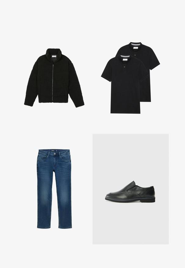 Črna jakna iz umetnega krzna z visokim ovratnikom, z zadrgo, elastičnimi manšetami in kviltanim dizajnom. Ima stranske žepke in mehak tekstur.; Dve črne polo majice, kratke rokave, iz bombažnega materiala, z klasik ovratnikom, dvobodno zaponko in belimi črtkami znotraj ovratnika.; Moške straight-leg kavbojke v temno modrem denimu, ki vključujejo klasičen pet žepni dizajn, subtilno gubanje in gumbasto zapiranje.; Črne usnjene natikače z gladkim zgornjim delom, prišitimi detajli, zaobljenim nosom in nizkim gumijastim petkom. Podplat ima minimalen profil.