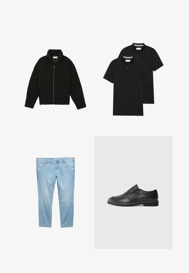 Melnā mākslīgā kažokādas jaka ar augstu apkakli, ar rāvējslēdzēju, elastīgām piedurknēm un kvadrātveida šuvēm. Iespējotas sānu kabatas un mīksta tekstūra.; Divas melnas polo krekli, īsām piedurknēm, no kokvilnas materiāla, ar klasisku apkakli, divu pogu aizdari un balti svītroti akcenti apkakles iekšpusē.; Gai zils denima bikses ar taisnu kāju dizainu, kurām ir priekšējās kabatas, jostas cilpas un rāvējslēdzēja aizdare. Gluda, viegla tekstūra.; Melnas ādas slip-on kurpes ar gludu augšdaļu, izšūtām akcentiem, noapaļotu purngala daļu un zemu gumijas papēdi. Zole ar minimālu rakstu.