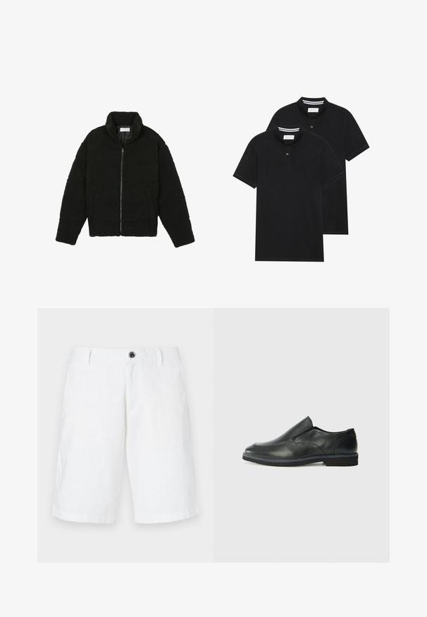 Black faux fur jacket with a high collar, zip closure, elastic cuffs, and a quilted design. Features side pockets and a soft texture.; Two black polo shirts, short-sleeved, cotton material, featuring a classic collar, two-button placket, and white striped accents inside the collar.; White linen shorts with a relaxed fit, featuring a single button closure, belt loops, and side pockets. Smooth texture and straight hem.; Black leather slip-on shoe with a smooth upper, stitched accents, rounded toe, and a low rubber heel. Sole features minimal tread.