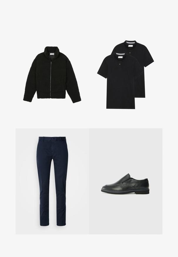 Svart faux fur-jacka med hög krage, dragkedjestängning, elastiska manschetter och ett kviltat mönster. Har sidofickor och en mjuk textur.; Två svarta polo t-shirts, kortärmade, i bomullsmaterial, med en klassisk krage, tvåknappsslutning och vita randiga accenter inuti kragen.; Navyblå chinos gjorda av bomullsblandning. Har knappstängning, bälteshällor, rak bendesign och slät textur.; Svart lädersko i slip-on-modell med en slät ovandel, sömnadsdetaljer, rund tå och låg gummihäl. Sulan har minimal mönstring.