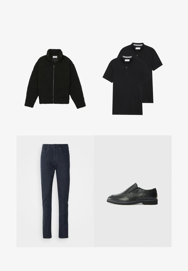 Veste en fausse fourrure noire avec un col haut, fermeture éclair, poignets élastiques et un design matelassé. Elle possède des poches latérales et une texture douce.; Deux polos noirs, à manches courtes, en coton, avec un col classique, une patte de boutonnage à deux boutons, et des accents rayés blancs à l'intérieur du col.; Jeans en coton bleu foncé avec une coupe droite, fermeture par bouton et design à cinq poches. Texture lisse et détails de couture minimalistes.; Chaussure slip-on en cuir noir avec une tige lisse, des accents cousus, un bout arrondi et un petit talon en caoutchouc. La semelle présente un profil de traction minimal.