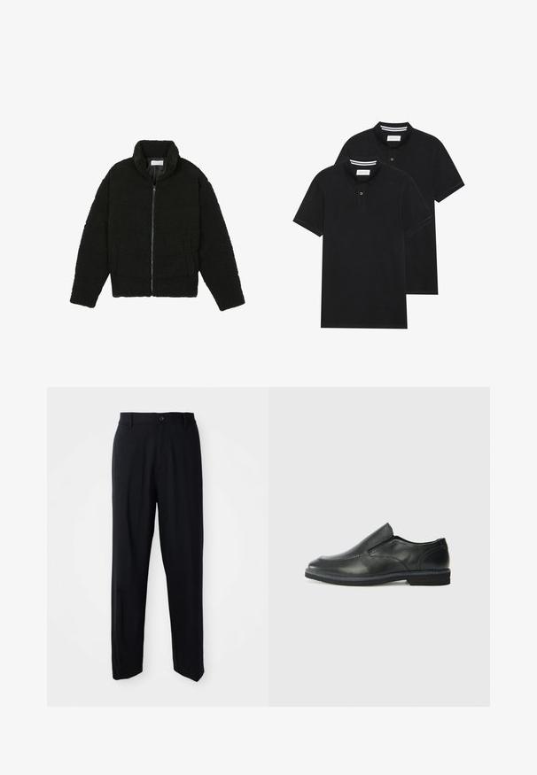 Zwarte faux fur jas met een hoge kraag, ritssluiting, elastische manchetten en een doorgestikt ontwerp. Beschikt over zijzakken en een zachte textuur.; Twee zwarte polo shirts, met korte mouwen, van katoen, met een klassieke kraag, een knoopsluiting met twee knopen en witte gestreepte accenten aan de binnenkant van de kraag.; Zwarte rechte broek met riemlussen, knoopsluiting en een strakke, minimalistische uitstraling op een neutrale achtergrond.; Zwarte leren instapper met een soepele bovenkant, gestikte accenten, ronde neus en een lage rubberen hak. De zool heeft minimale profiel.
