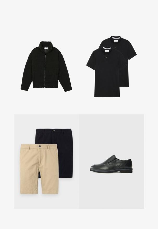 Melnā mākslīgā kažokādas jaka ar augstu apkakli, ar rāvējslēdzēju, elastīgām piedurknēm un kvadrātveida šuvēm. Iespējotas sānu kabatas un mīksta tekstūra.; Divas melnas polo krekli, īsām piedurknēm, no kokvilnas materiāla, ar klasisku apkakli, divu pogu aizdari un balti svītroti akcenti apkakles iekšpusē.; Divi īsiem šortiem, vieni khaki un vieni melni, izgatavoti no kokvilnas. Abi ir ar pogu, platu priekšpusi un ceļgalu garuma dizainu.; Melnas ādas slip-on kurpes ar gludu augšdaļu, izšūtām akcentiem, noapaļotu purngala daļu un zemu gumijas papēdi. Zole ar minimālu rakstu.
